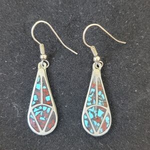 Southwestern Navajo Turquoise & Red Inlay Sterling Silver Teardrop Earrings